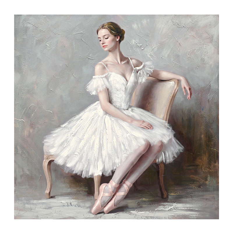 Πίνακας Καμβάς Μπαλαρίνα Με Λευκό Φόρεμα Σε Καρέκλα Ρομαντικό Γκρι 80x80Εκ Marhome