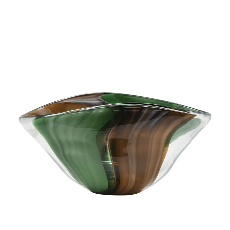 Μπωλ Φυσητό Γυαλί Διάφανο Με Πράσινες Καφέ Γραμμές 36x22.5x17Cm 