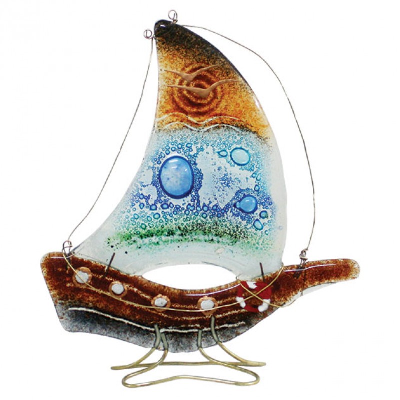 Καράβι Επιτραπέζιο Γυάλινο Κόκκινο/Πράσινο/Μπλε 24x27εκ