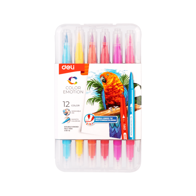 Deli Μαρκαδόροι Σχεδίου Washable Μυτh &Amp ; Πινέλο Θήκη Πλαστική 12 Χρώματα Color Emotion