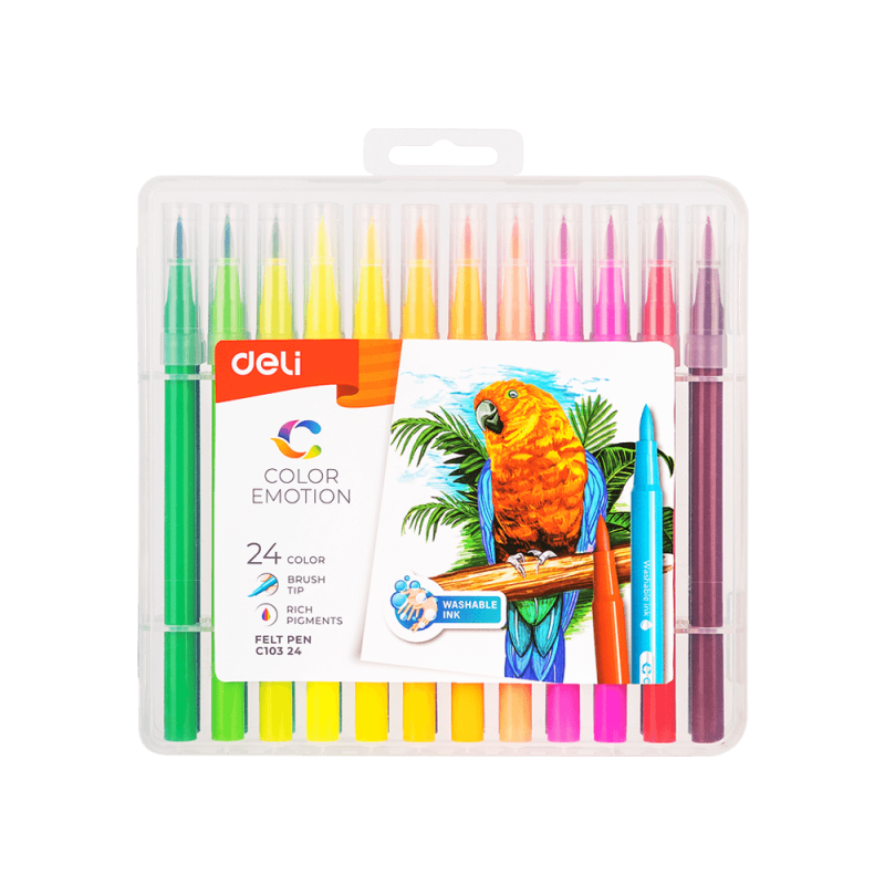 Μαρκαδόροι Washable Πινέλο Θήκη Πλαστική Color Emotion 24 Χρώματα 1.0-8.0mm Deli 