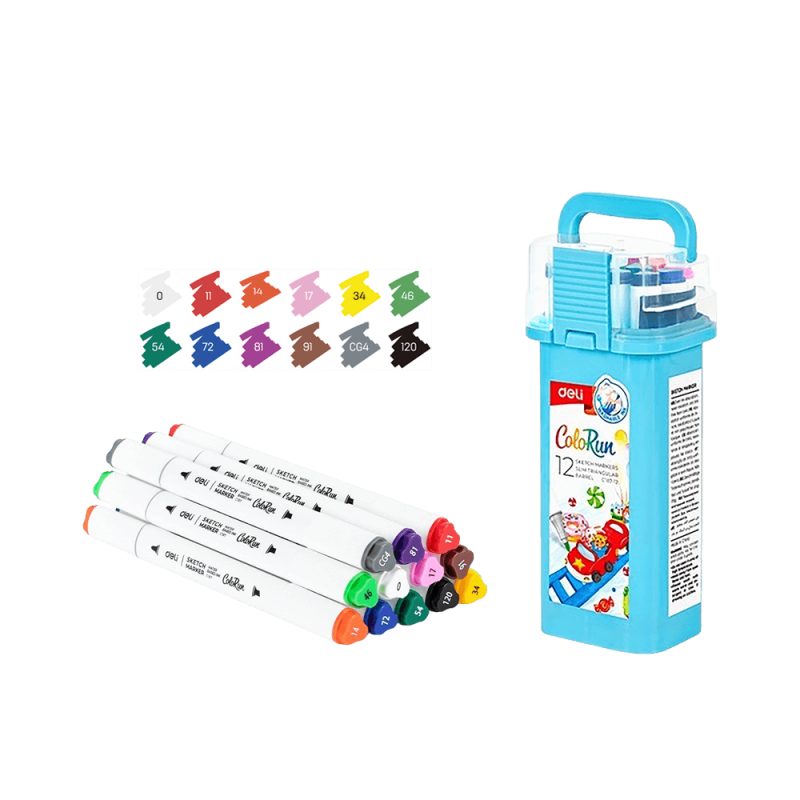Deli Μαρκαδόροι Σχεδίου Διπλή Μύτη Washable Θήκη Πλαστική Colorun 12 Χρώματα