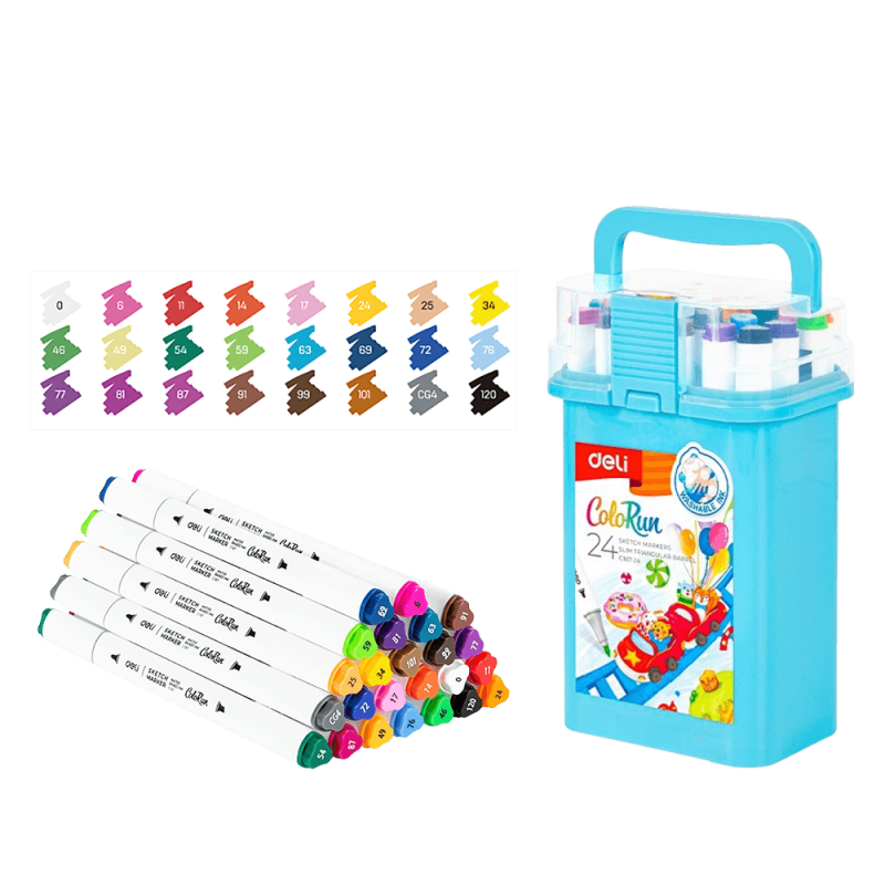 Deli Μαρκαδόροι Σχεδίου Διπλή Μύτη Washable Θήκη Πλαστική Colorun 24 Χρώματα