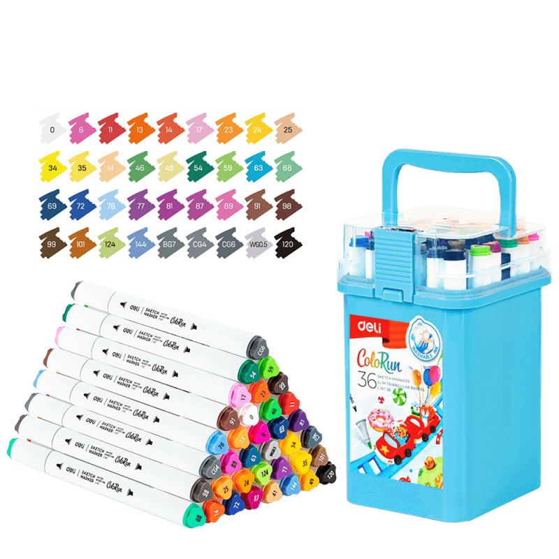Deli Μαρκαδόροι Σχεδίου Διπλή Μύτη Washable Θήκη Πλαστική Colorun 36 Χρώματα
