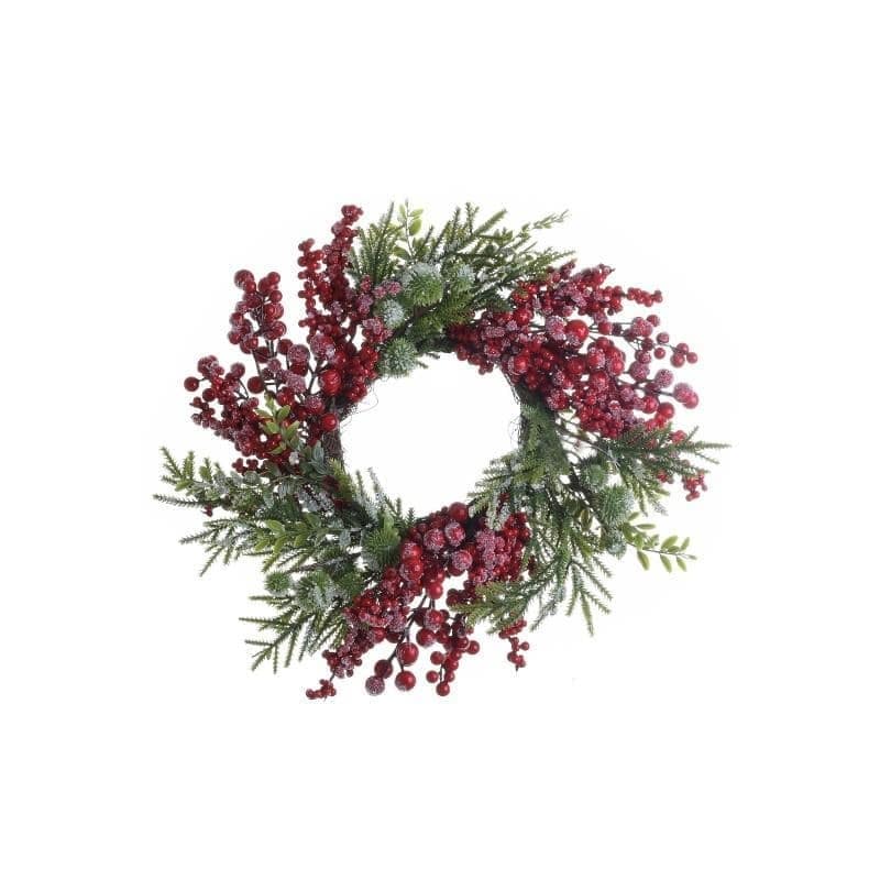 Χριστουγεννιάτικο Στεφάνι Χιονισμένο Με Καρπούς Πράσινο/Κοκκινο Δ 45εκ Inart