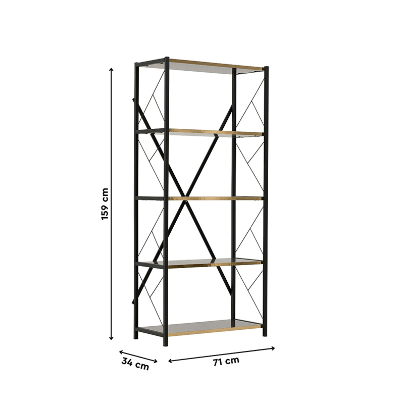 Βιβλιοθήκη Μεταλλική Μελαμίνη Μαύρη Χρυσή 71x34x159Εκ Inart